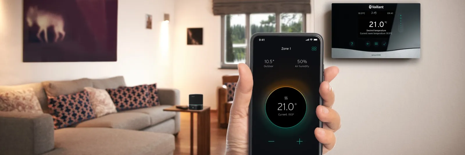 Smart thermostat app controlling home heating temperature in a modern living room.