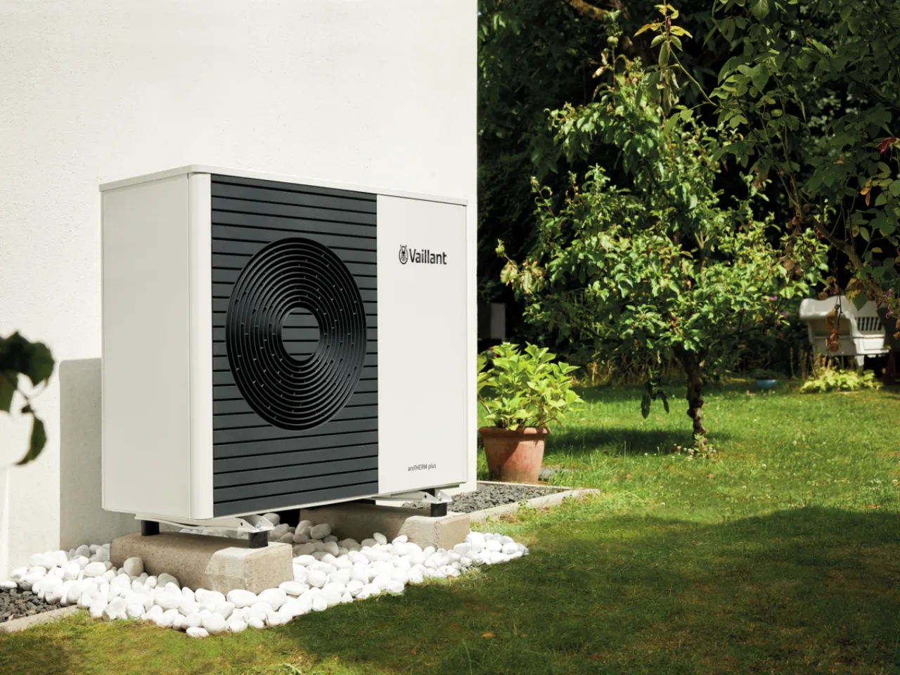 Vaillant air source heat pump installed outside a home for energy-efficient heating.