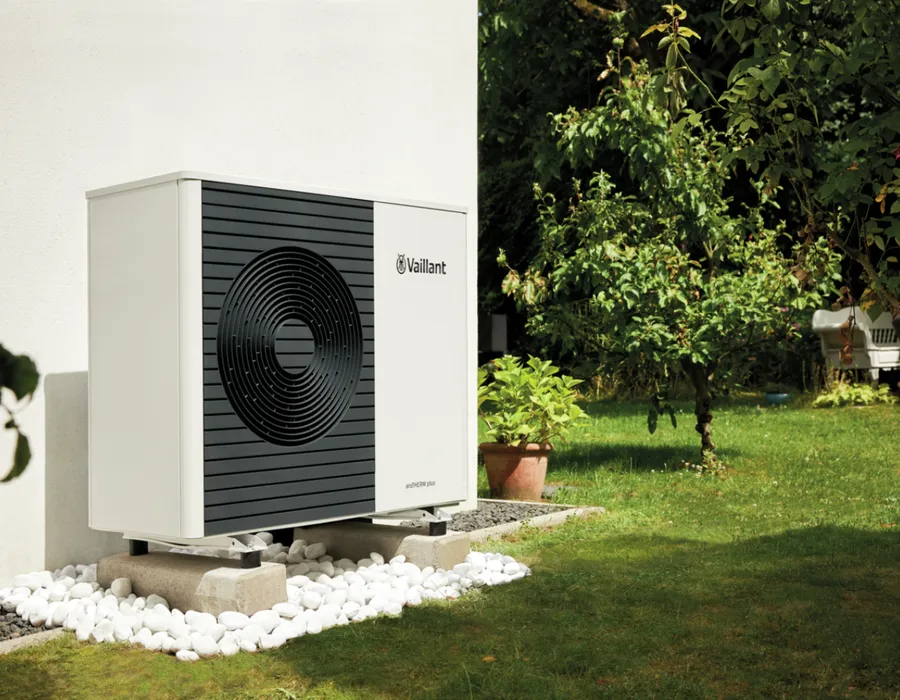 Vaillant air source heat pump installed outside a home for energy-efficient heating.