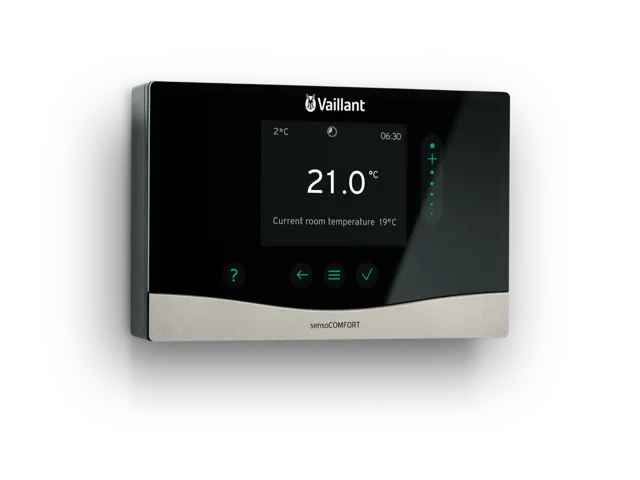 Vaillant sensoCOMFORT smart thermostat digital display showing 21°C, installed by AC Plumbers Ltd. in Brighton for central heating control.