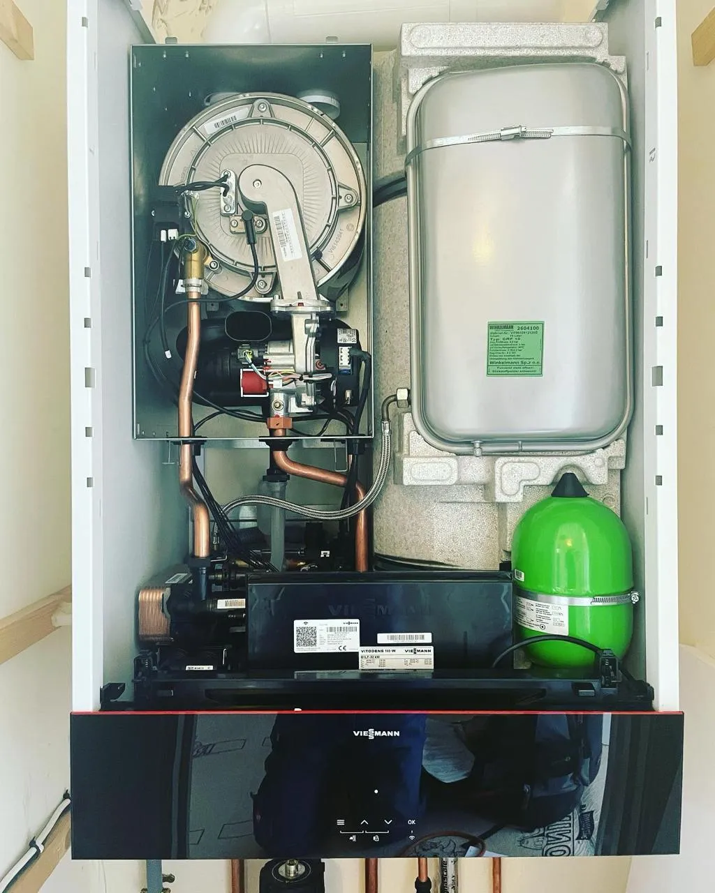 Internal view of Viessmann boiler showing expansion vessel and heat exchanger
